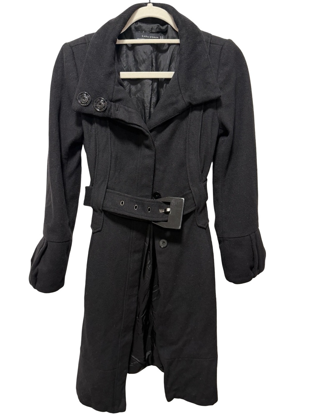 Zara Black Belted Trench Coat with Notched Collar - Size XS